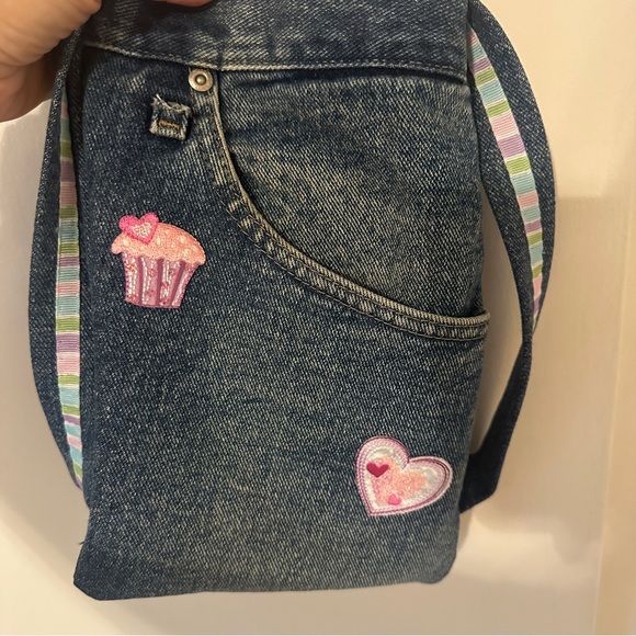 Handcrafted Upcycled Denim Bag lined Cupcake Heart patches lined bandanna - Picture 2 of 7
